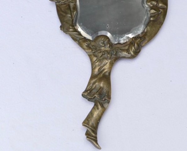 Miroir à main Pierrot, Colombine et la lune en bronze doré - manche en forme de personnage drapé