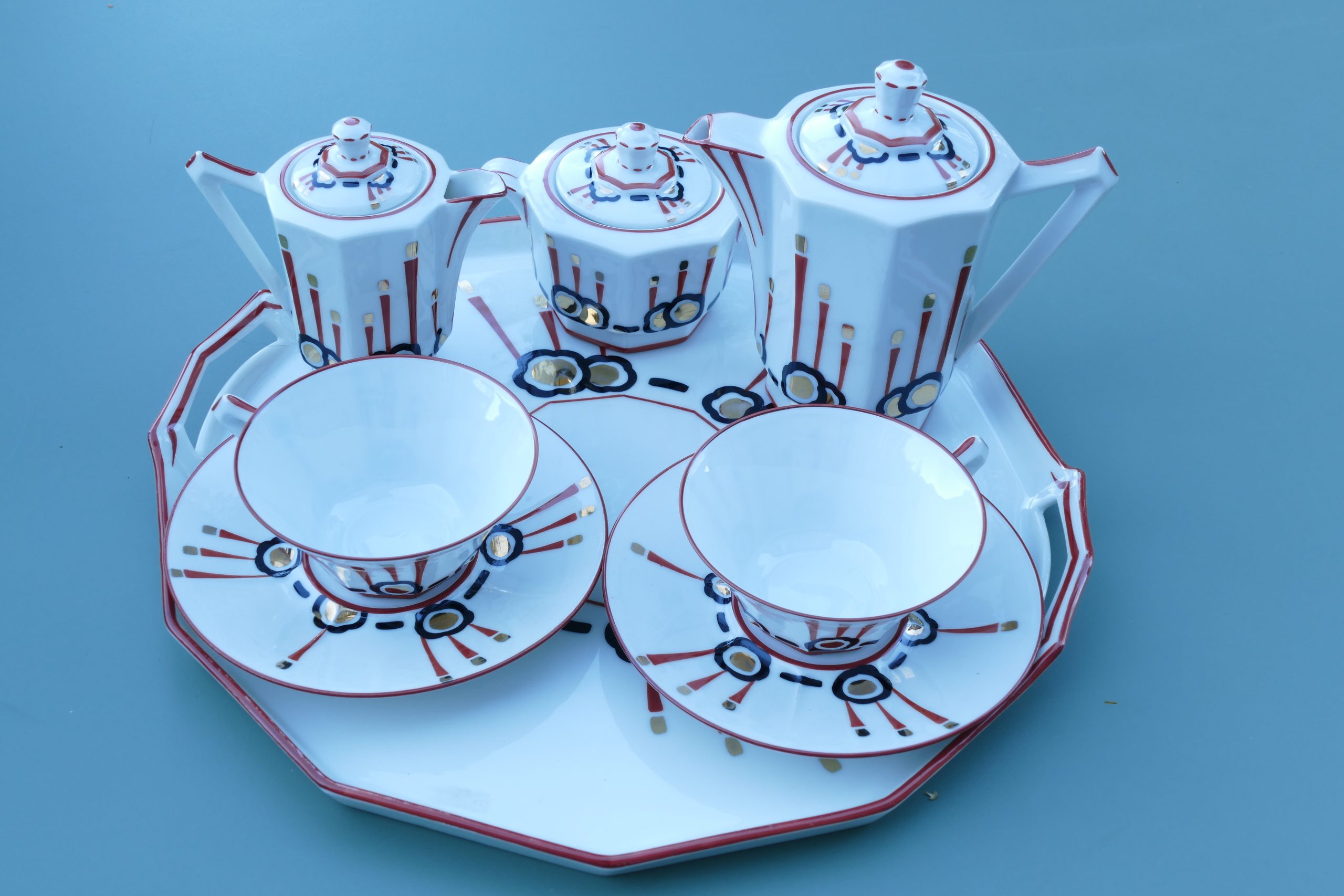 Service à café Art Déco Elté en porcelaine de Limoges, ensemble complet sur son plateau