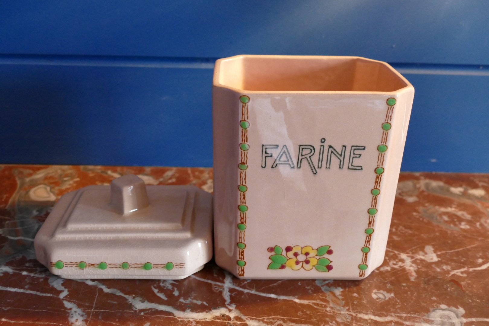 Pots à épices Art déco en faïence de Longwy, pot Farine ouvert