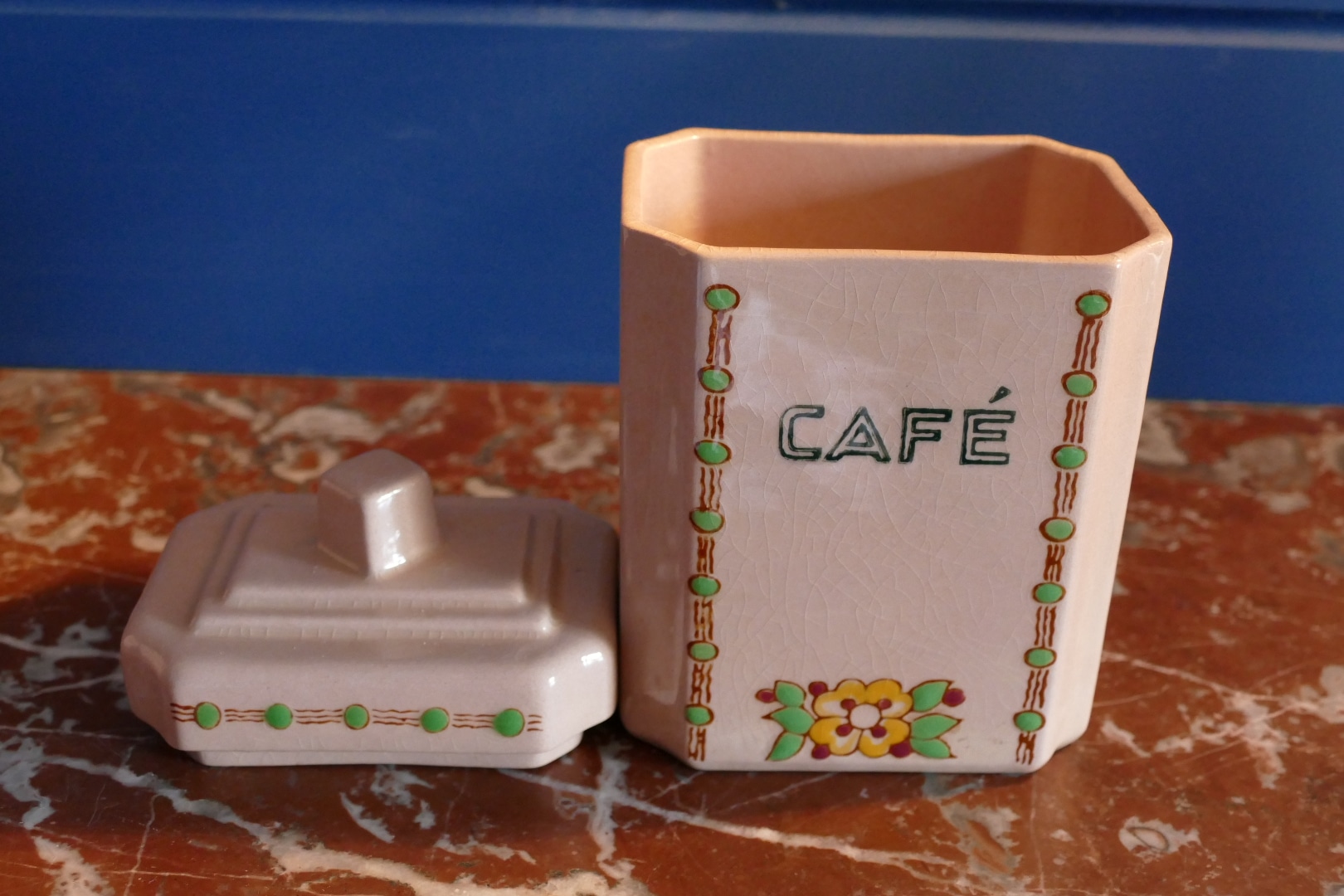 Pots à épices Art déco en faïence de Longwy, pot Café ouvert